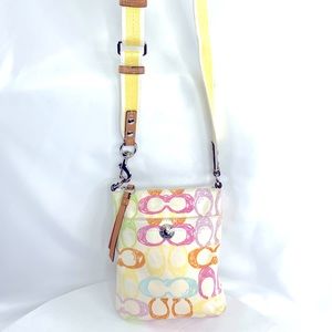 COACH Hampton Pastel Multicolor Signature Small Crossbody Bag Purse Yellow Strap
